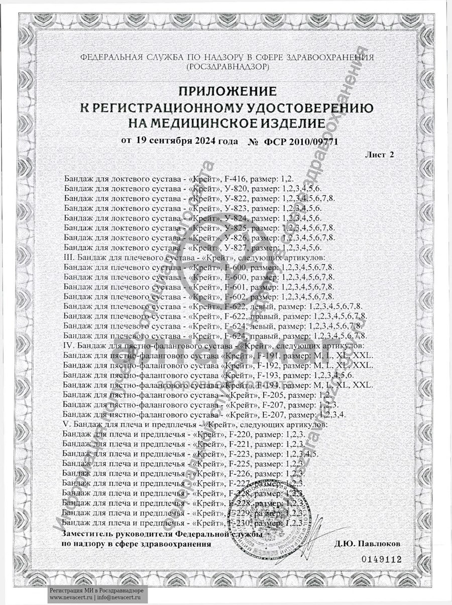 Сертификат на товар Бандаж для плеча и предплечья F-223 Бандаж для плеча и предплечья F-223 сертификат